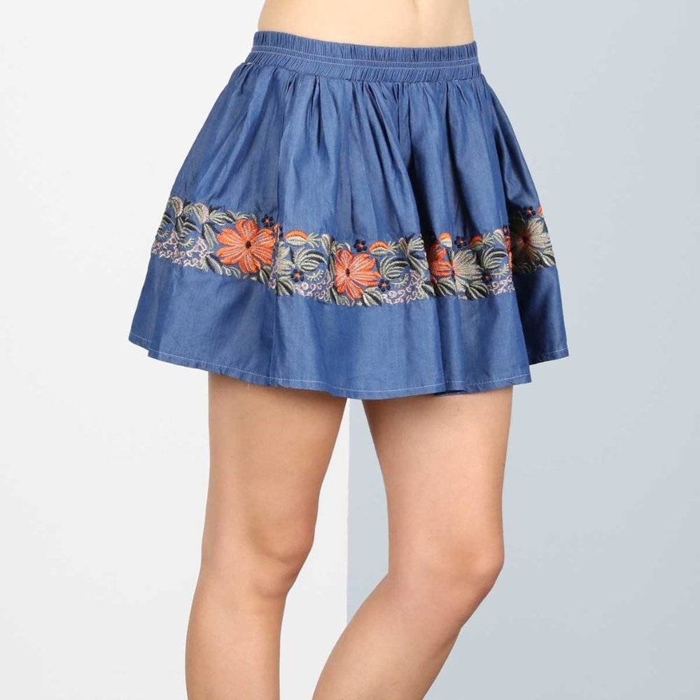 POL Jr Medium Embroidered Floral Denim Blue Jean Circle Skirt